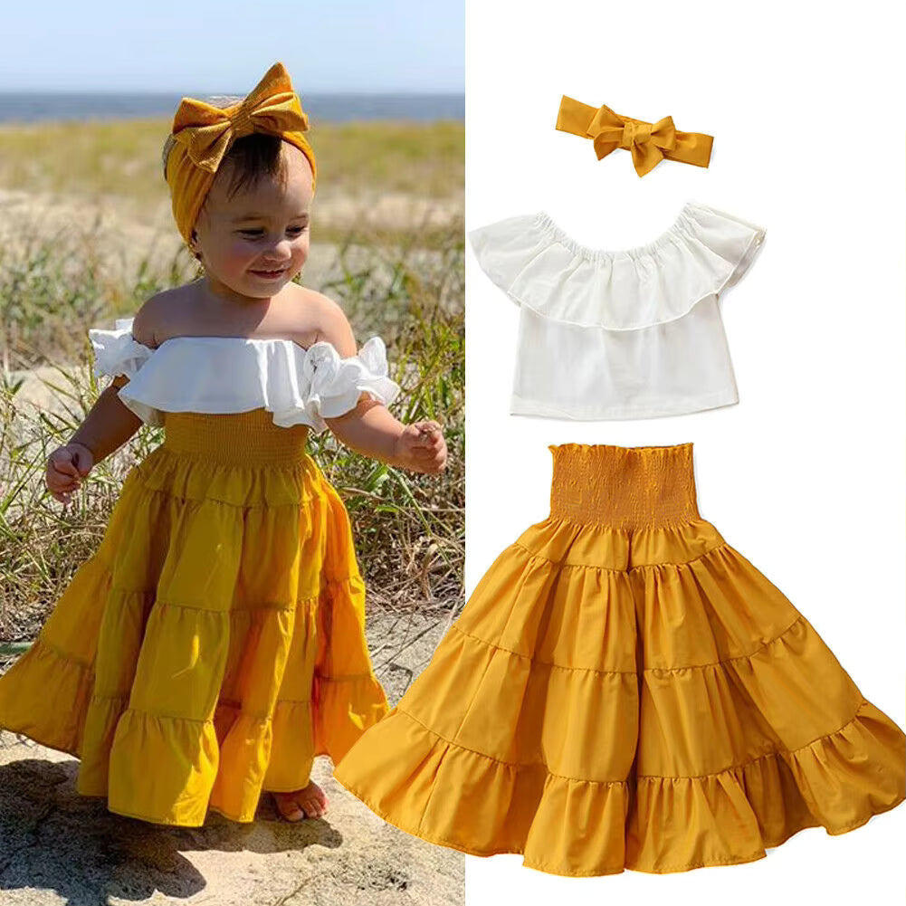 Toddler Kid Baby Girl Clothes Sets Children Outfits Summer Ruffle Off Shoulder Tops Skirts Holiday Clothing (Available)