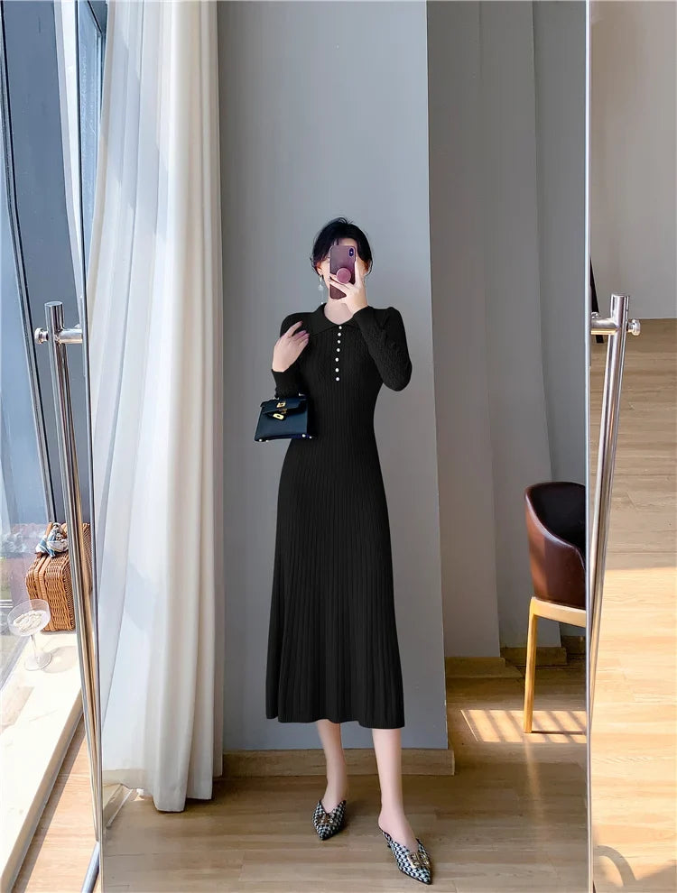 Sweater Dress Women New  Autumn Winter Purple White Or Black High Waist A Line Dress Elegant Long Knitted Dress (Available)