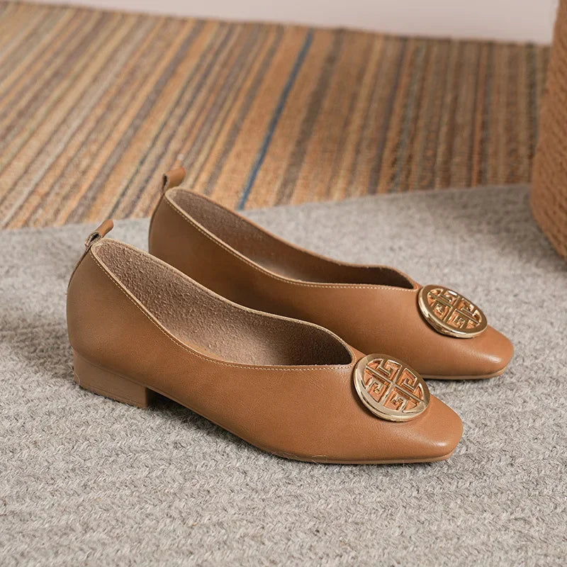 Women's square toe low heels solid color retro Casual flat shoes (Available)