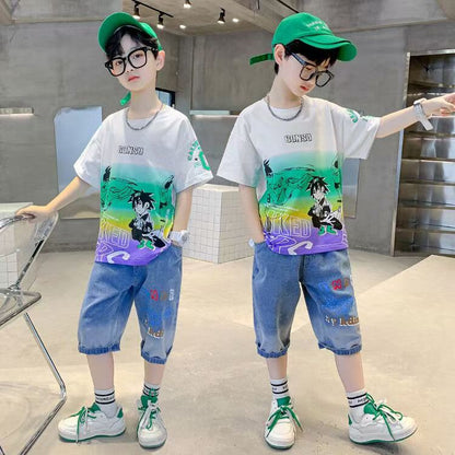 Boys Casual Cartoon Gradient T-shirt jeans Suit Medium And Large Children Two-piece Set  (Available)
