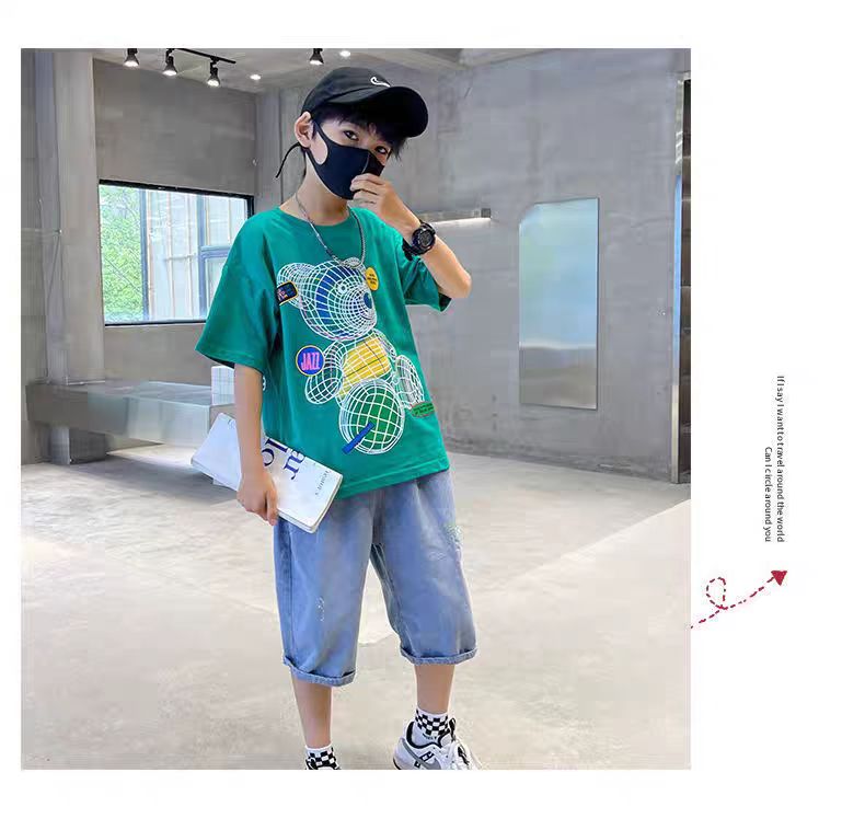 Colorful Bear Print Children's Short-sleeved T-shirt Boys loose Off-shoulder Fashion Dress