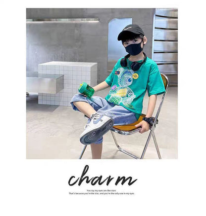 Colorful Bear Print Children's Short-sleeved T-shirt Boys loose Off-shoulder Fashion Dress