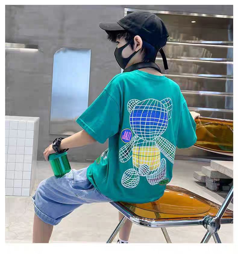 Colorful Bear Print Children's Short-sleeved T-shirt Boys loose Off-shoulder Fashion Dress