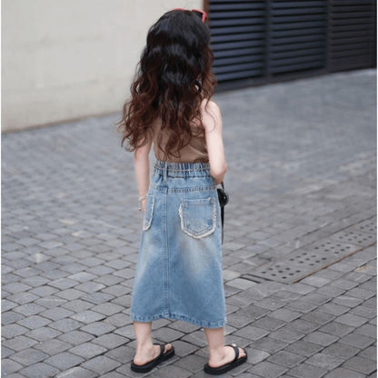 Denim Blue Zipper Fly Flap Casual Fashion Long Jeans Skirt Women's