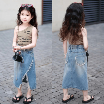 Denim Blue Zipper Fly Flap Casual Fashion Long Jeans Skirt Women's