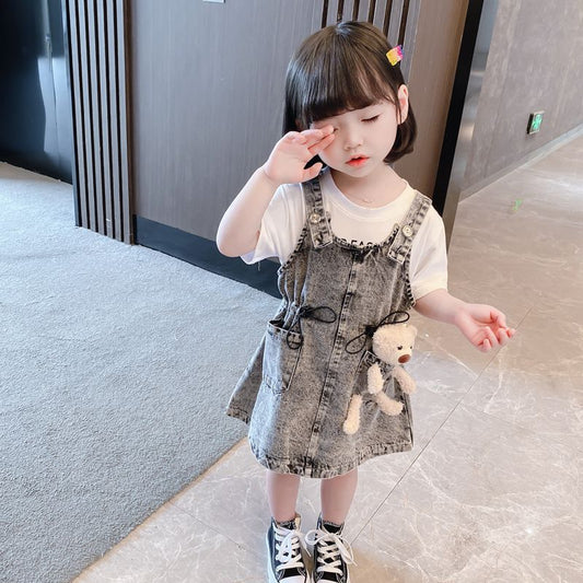 Girls Short Sleeve Top Suspender Dress Clothes Sets Summer Children Cotton T-Shirt Denim Dress 2pcs Outfit Bear  (Available)