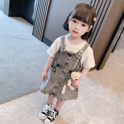 Girls Short Sleeve Top Suspender Dress Clothes Sets Summer Children Cotton T-Shirt Denim Dress 2pcs Outfit Bear  (Available)