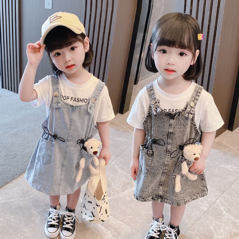 Girls Short Sleeve Top Suspender Dress Clothes Sets Summer Children Cotton T-Shirt Denim Dress 2pcs Outfit Bear  (Available)
