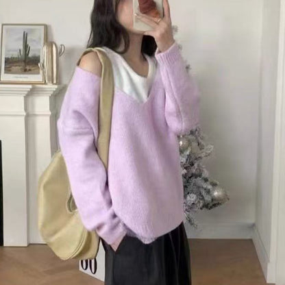 Bandage Dress Knitted Vest Soft Glutinous Loose-fitting Long Sleeve Sweater Two-piece Set