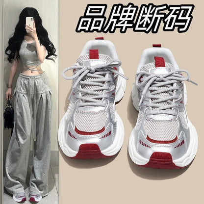 Dad Sneakers Women's Spring Summer 2025 New Style Versatile White Thick Bottom Heightening Running Sports Shoes