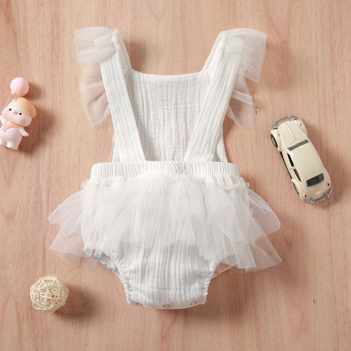 Baby Girl Romper Lace Sleeve Embroidered  Back Tulle Jumpsuit (Available)