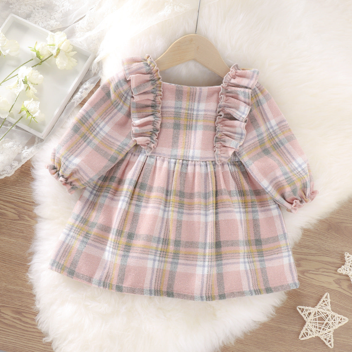 Plaid Ruffled Long Sleeved Girls Autumn Dress
