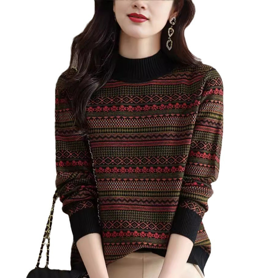Half Turtleneck Retro Brocade Sweater Women's All-matching Western Style