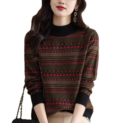 Half Turtleneck Retro Brocade Sweater Women's All-matching Western Style