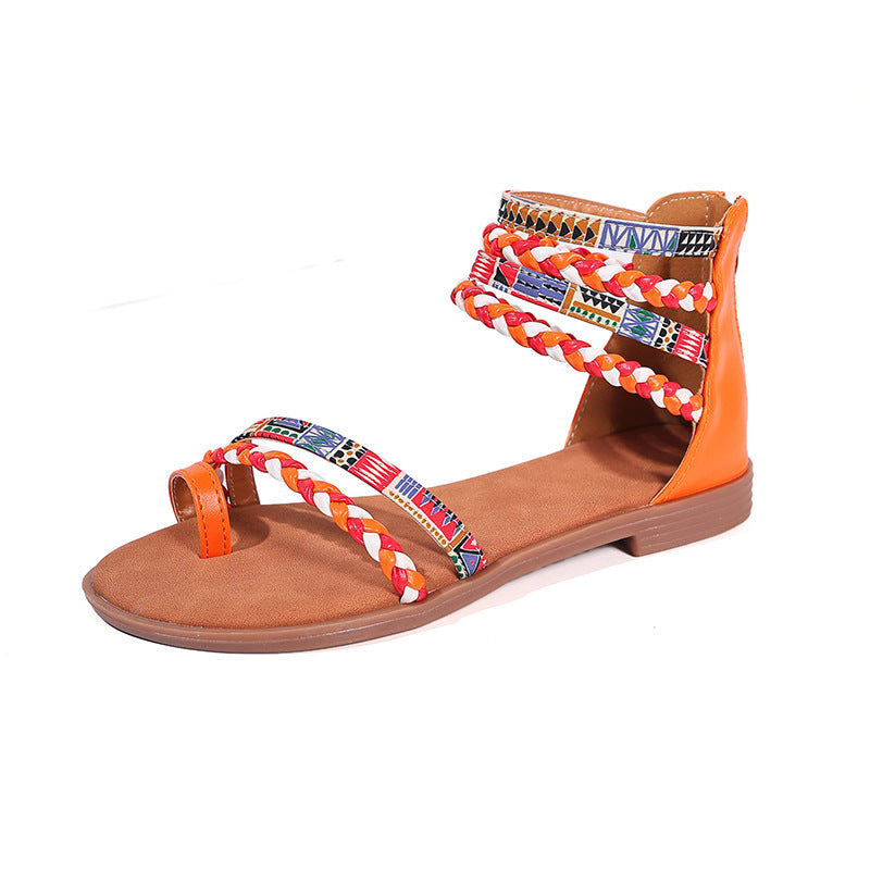 Ethnic Style Colorful Stitching Large Size Flat Bottom Sandals (Available)