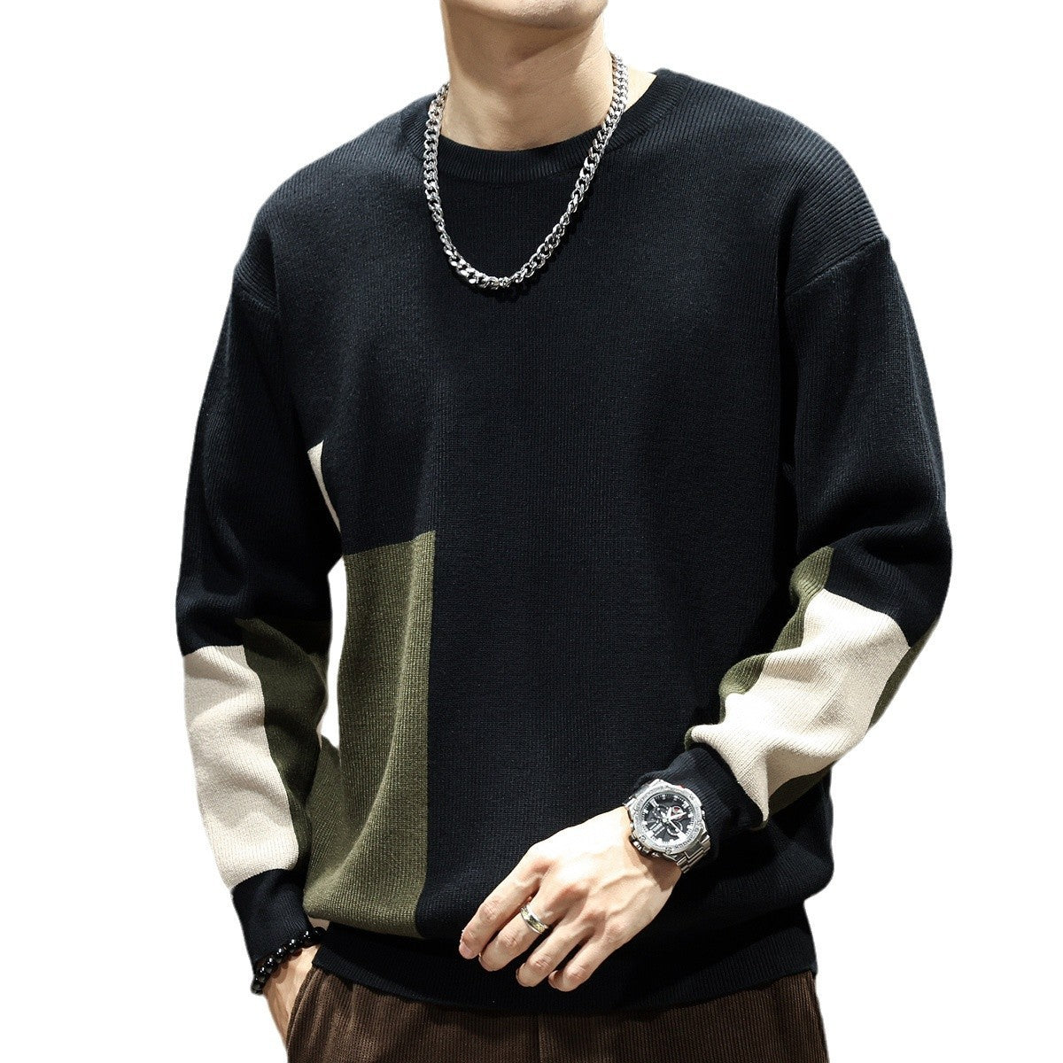 High Sense Color Contrast Patchwork Male Loose-fitting Oversized Sweater
