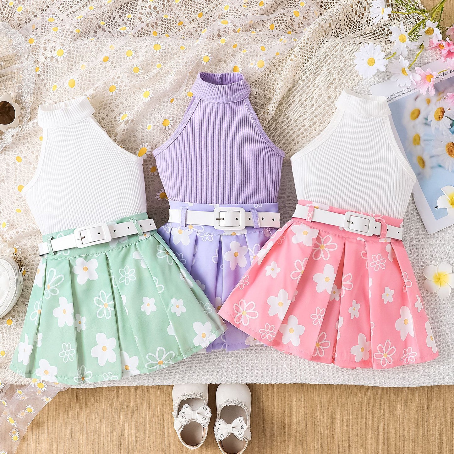 Girls' Pit Striped Halter Sleeveless Top Printed Pleated Skirt Belted Suit