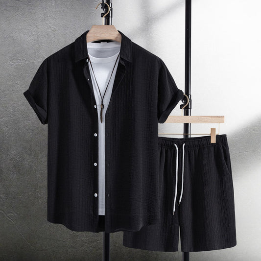 Men's Casual Fashion Jacquard Short Sleeve Shirt Shorts Suit