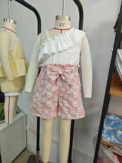 Women's Summer Oblique Shoulder Tops Flower Shorts Suit