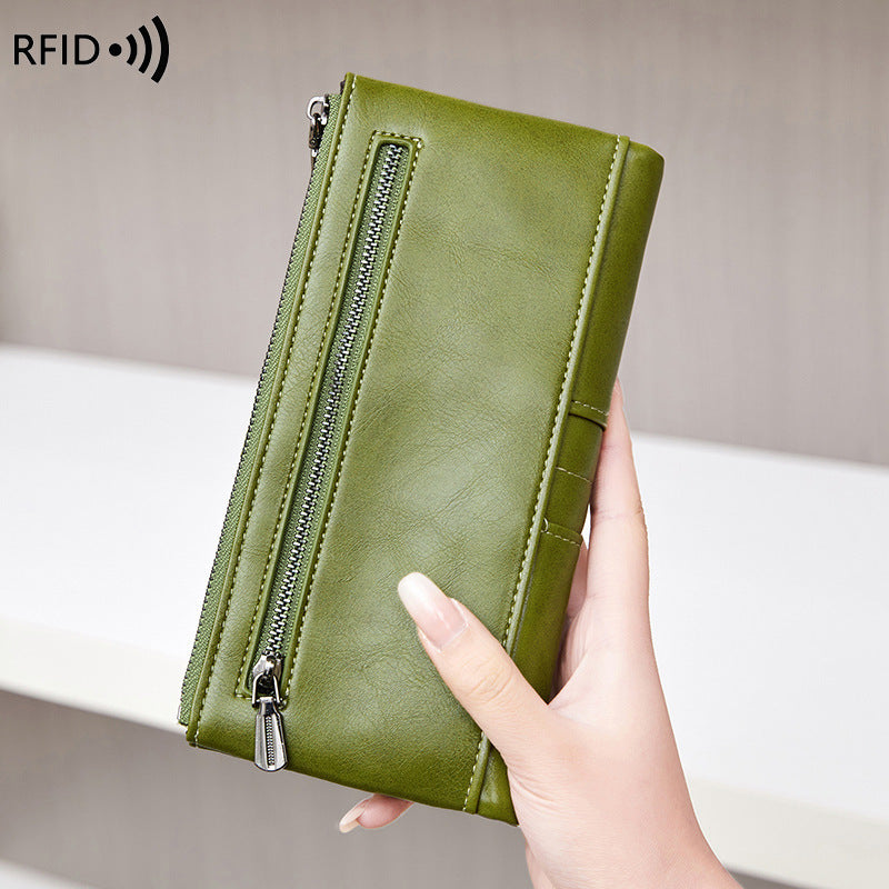 Oil Wax Leather Double Zipper Long European And American New Retro Anti-theft Swiping Women's Wallet