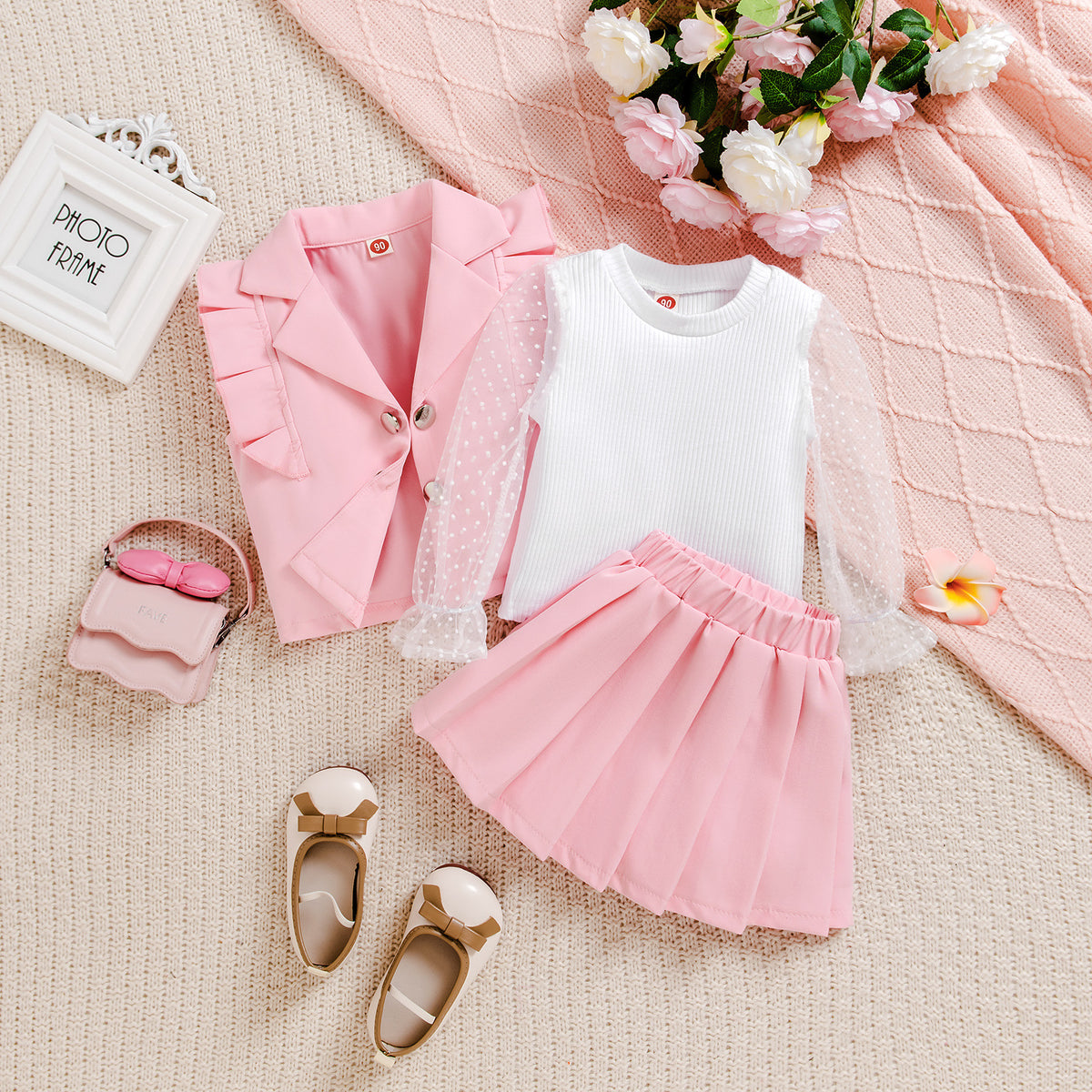 Polka Dot Mesh Sleeve Top Pleated Skirt Sweet Temperament