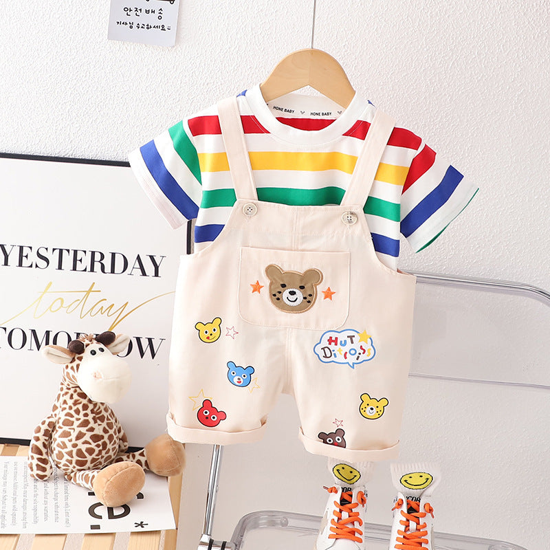 Boys' Summer Casual Suspender Trousers Short Sleeve Suit    (Available)