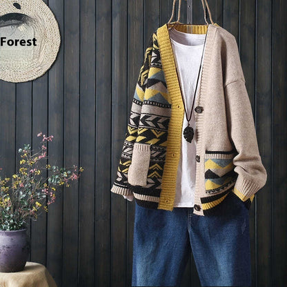 Color Matching Large Pocket Buckle Outer Match Knitted Cardigan Sweater