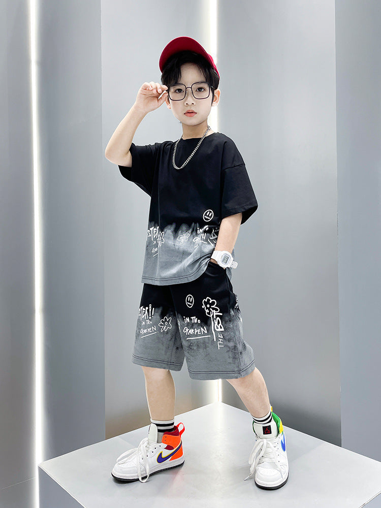 Boys Sports Summer Outfit with short sleeve T-shirt and matching shorts for breathable summer wear, outdoor play, and everyday activities