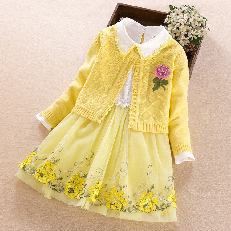 Girls' Dress Two-piece Spring Long-sleeved Sweater Princess Dress