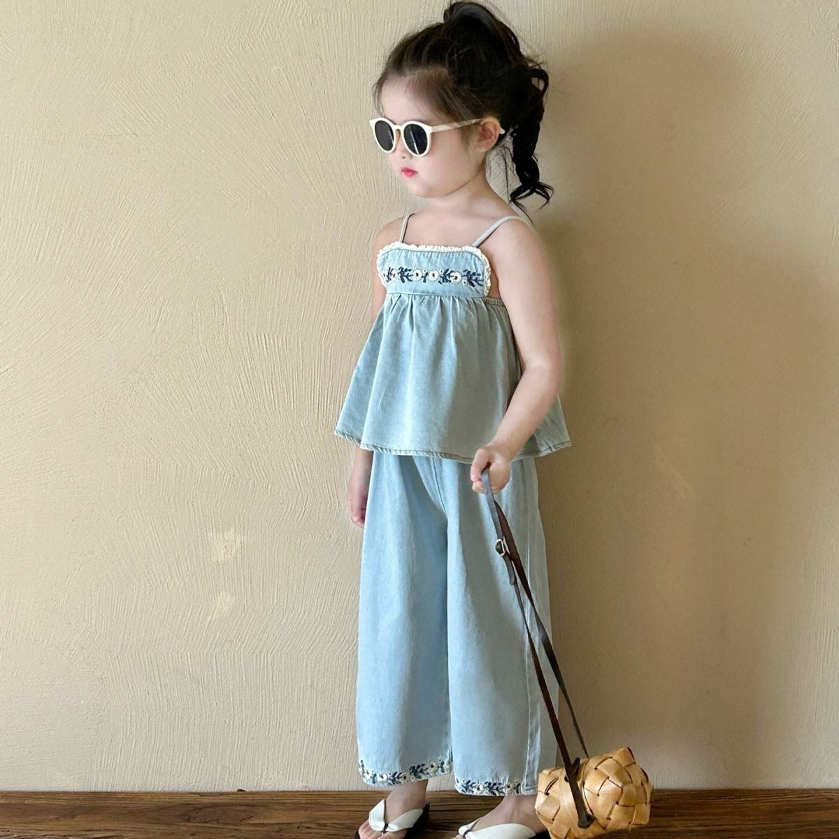 Girls Denim Pants Set Bangladesh Embroidered Vest - Small China Town