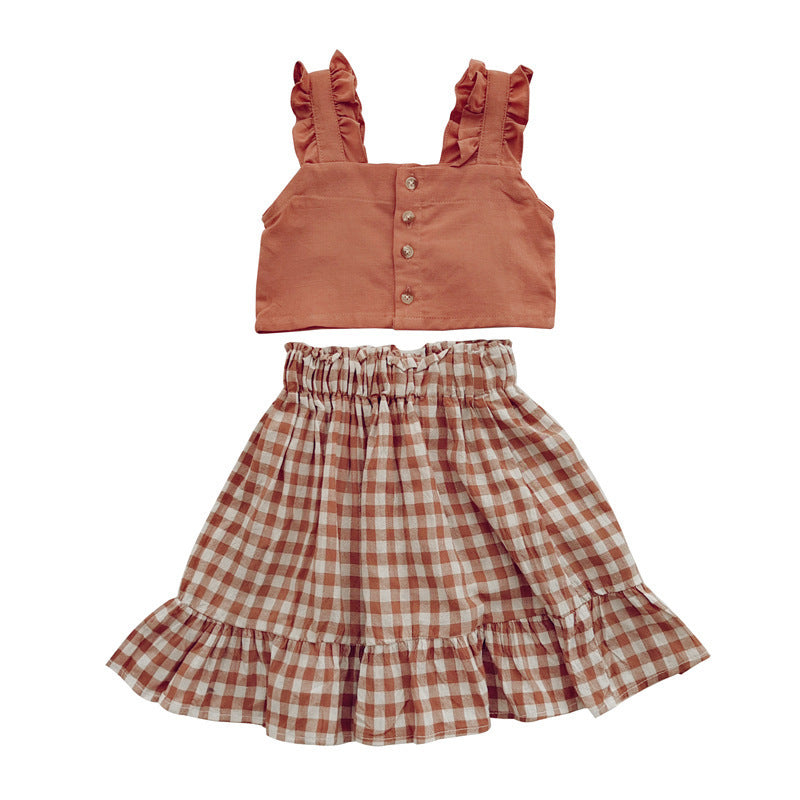 Strap Short Top And Checked Skirt