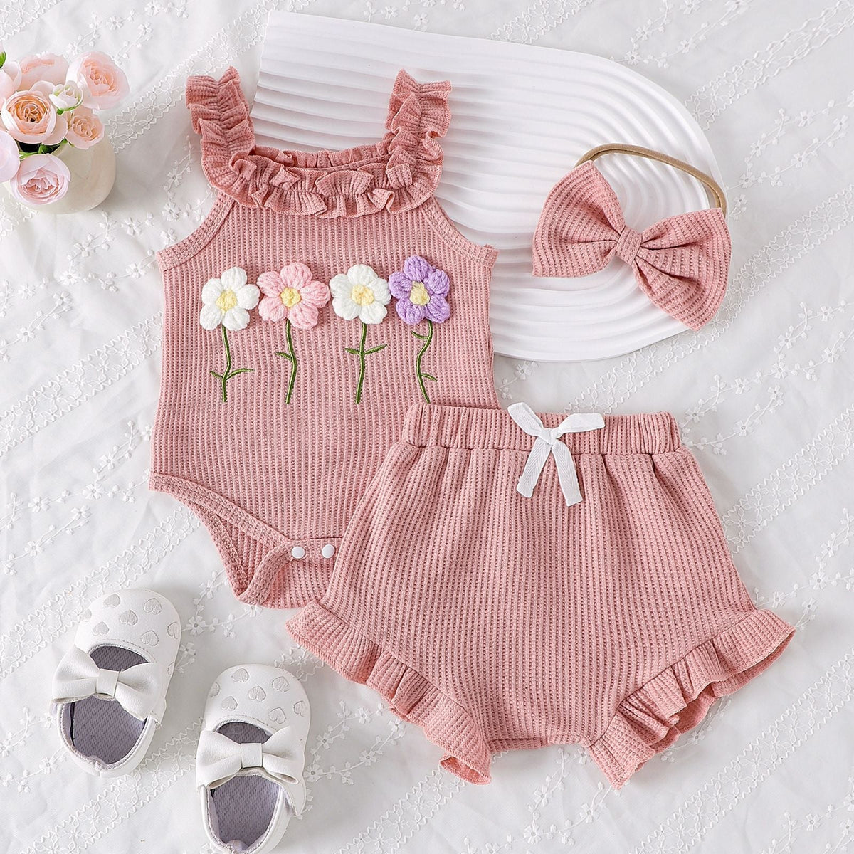 Girls' Summer Embroidered Three-piece Set With Suspenders