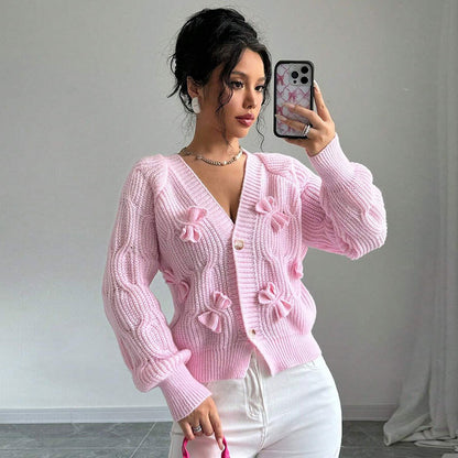 Women's Solid Color Long Sleeve Bowknot Knitwear Cardigan Coat