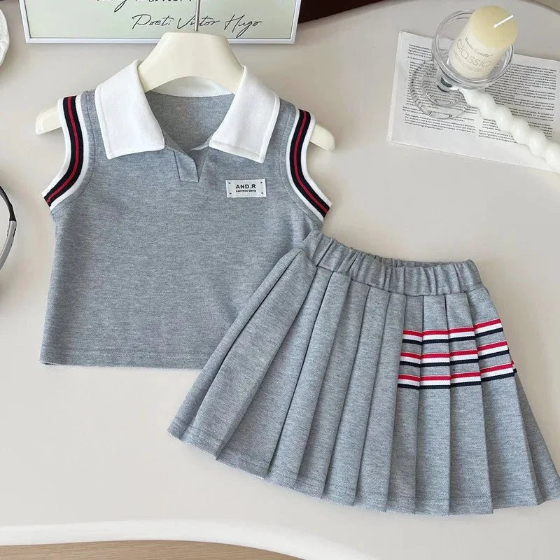 Baby Girl College Style Summer 2PCS Clothes Set Polo Collar Kid Girl Vest Top Set Thin Stylish Stripe Pleated Skirt Belle Outfit - Mom & Kids
