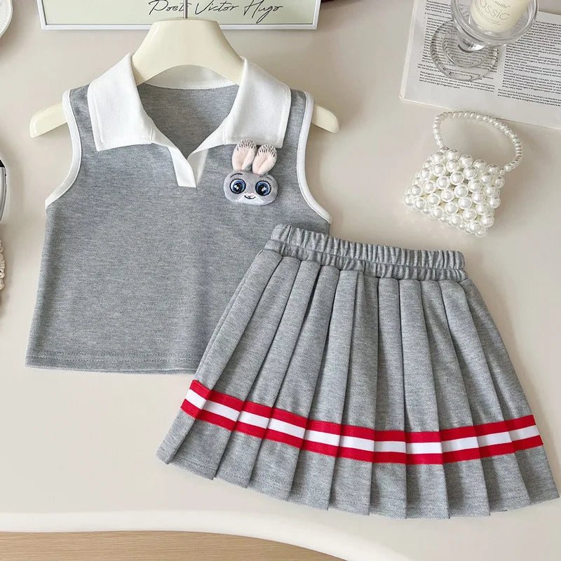 Baby Girl College Style Summer 2PCS Clothes Set Polo Collar Kid Girl Vest Top Set Thin Stylish Stripe Pleated Skirt Belle Outfit (Available)