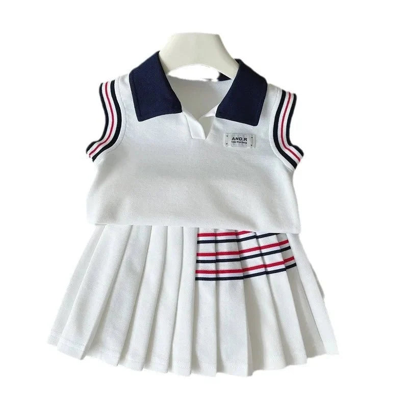 Baby Girl College Style Summer 2PCS Clothes Set Polo Collar Kid Girl Vest Top Set Thin Stylish Stripe Pleated Skirt Belle Outfit - Mom & Kids