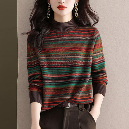 Half Turtleneck Retro Brocade Sweater Women's All-matching Western Style