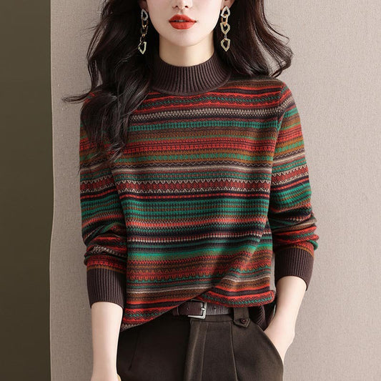 Half Turtleneck Retro Brocade Sweater Women's All-matching Western Style