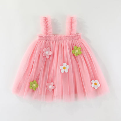 Girls Spaghetti Straps Chest Wrap Flower Embroidery Mesh Dress