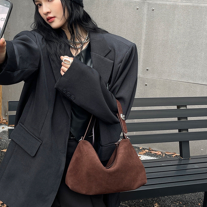 Bag Women's New Niche Suede Underarm Baguette Bag Vintage Frosted Top Layer Cowhide Shoulder Bag Handbag Trendy Bag - image…