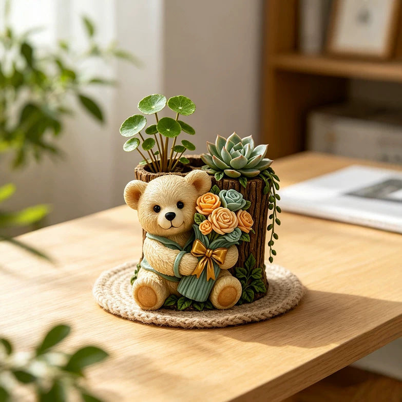Bear Holding Flower Tree Stump Double Hole Flower Pot Silicone Mold DIY Plaster Resin Succulent Money Grass Pot Desktop…