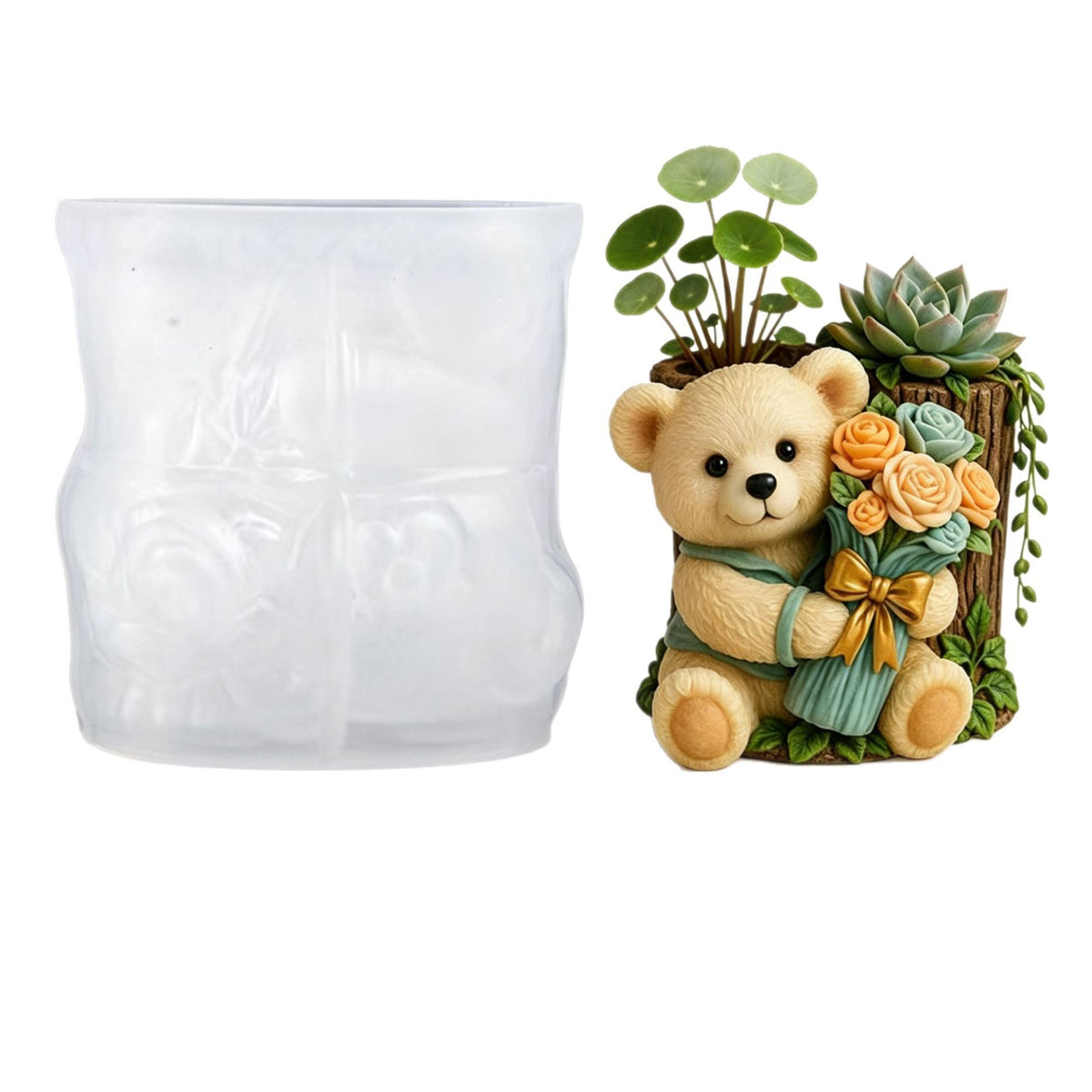 Bear Holding Flower Tree Stump Double Hole Flower Pot Silicone Mold DIY Plaster Resin Succulent Money Grass Pot Desktop…