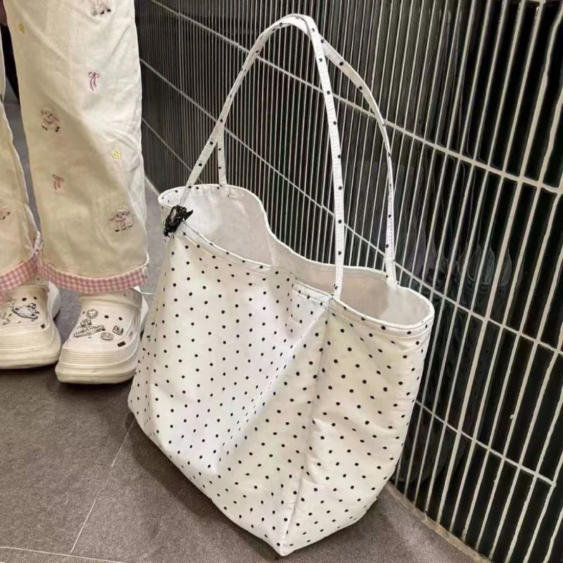 Popular Large-Capacity New Polka-Dot Canvas Bag Korean Style Girl Student Tote Bag Versatile Commuter Shoulder Bag - [thin…