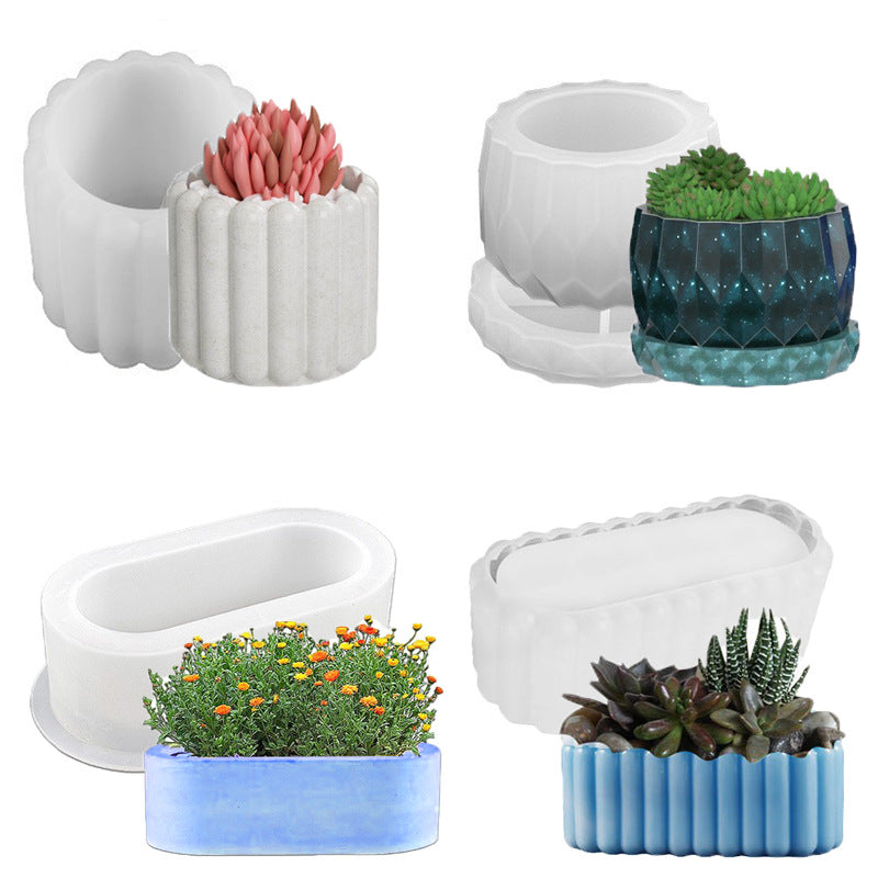 Rectangular smooth stripe oval flowerpot silicone mold crystal drop glue diy diamond surface cylindrical fleshy potted…