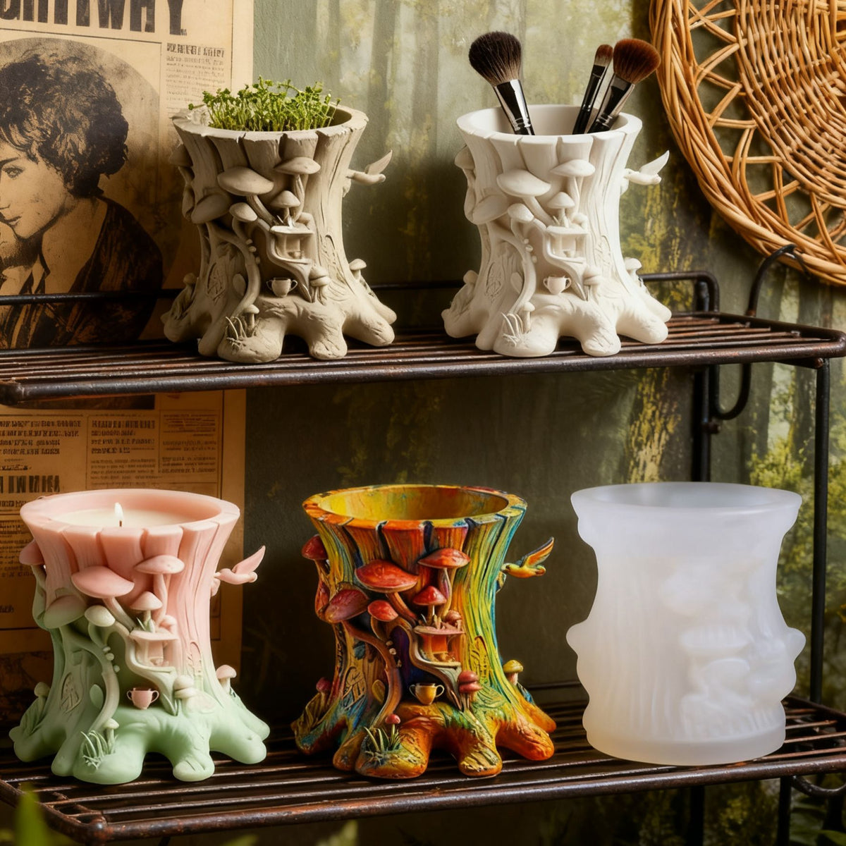 Printed Tree Stump Aromatherapy Plaster Cup Mold DIY Resin Storage Cup Flower Pot Ornament Silicone Mold