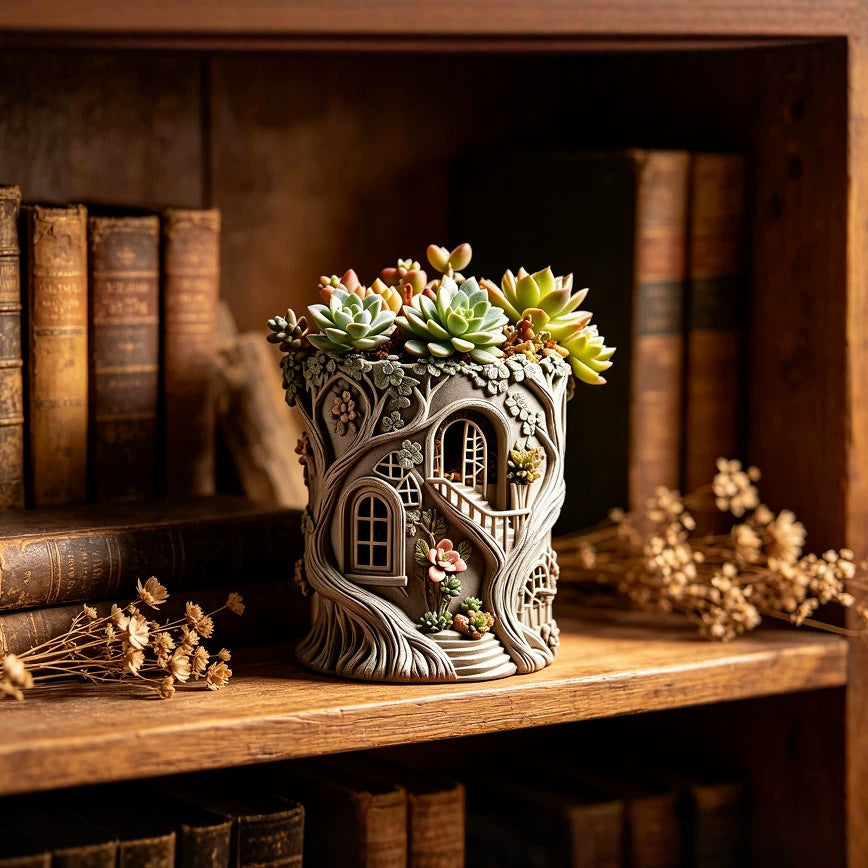 Fairy Tale Treehouse Flowerpot Silicone Mold DIY Plaster Resin Succulent Pot Forest Style Tree Stump Creative Desktop…