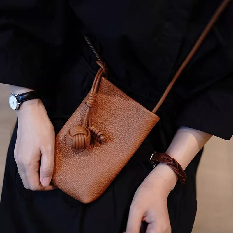Versatile Literary and Artistic Small Fresh Small Ball Pendant Super Popular Crossbody Mobile Phone Bag Soft Leather Cute…