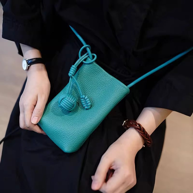 Versatile Literary and Artistic Small Fresh Small Ball Pendant Super Popular Crossbody Mobile Phone Bag Soft Leather Cute…