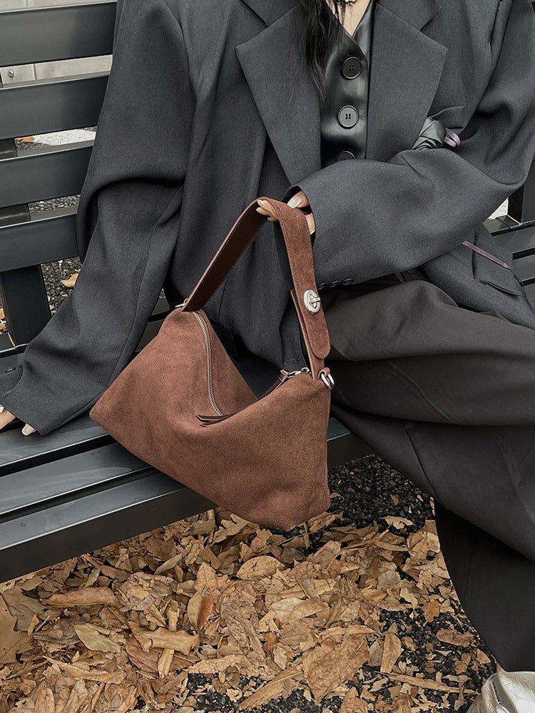 Bag Women's New Niche Suede Underarm Baguette Bag Vintage Frosted Top Layer Cowhide Shoulder Bag Handbag Trendy Bag - image 3