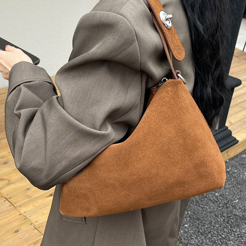 Bag Women's New Niche Suede Underarm Baguette Bag Vintage Frosted Top Layer Cowhide Shoulder Bag Handbag Trendy Bag - image…